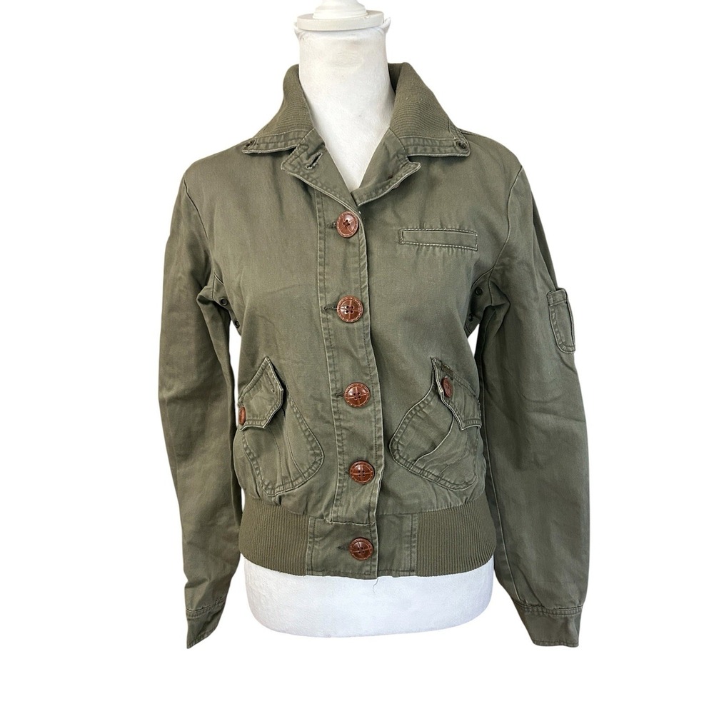 Vintage Nori Olive Green Cotton Utility Bomber Jacket SZ Med Y2K Military Cargo